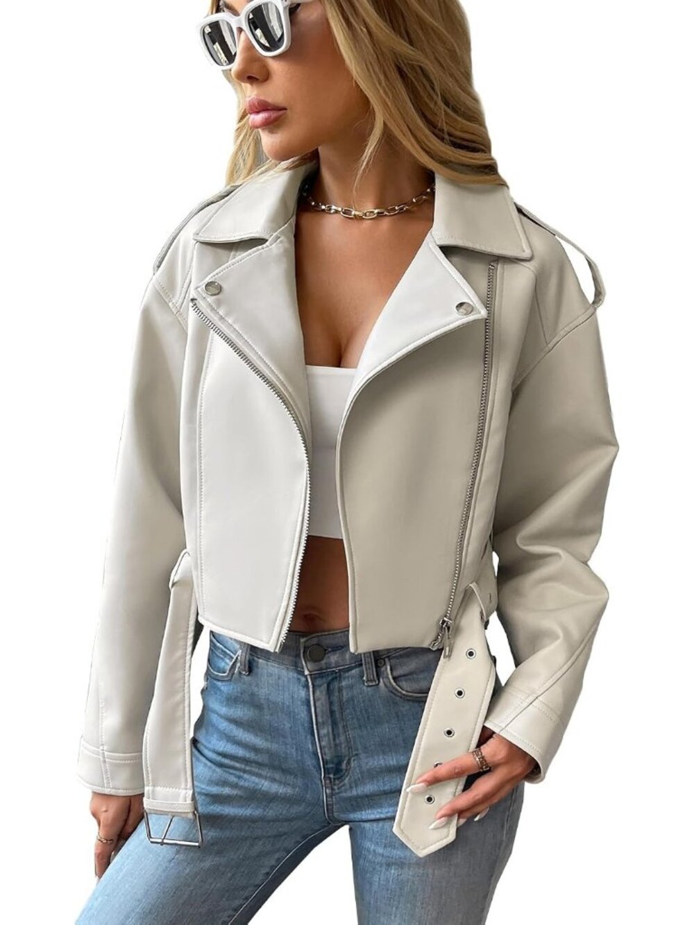 Women's Beige Faux Leather Cropped Jacket Vegan Motor Biker Coat with Belt